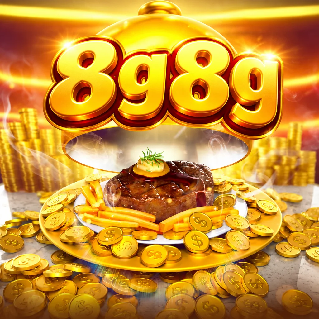 8g8g hidangan steik dan kentang goreng di atas nampan emas bertabur koin dalam Diner Delights