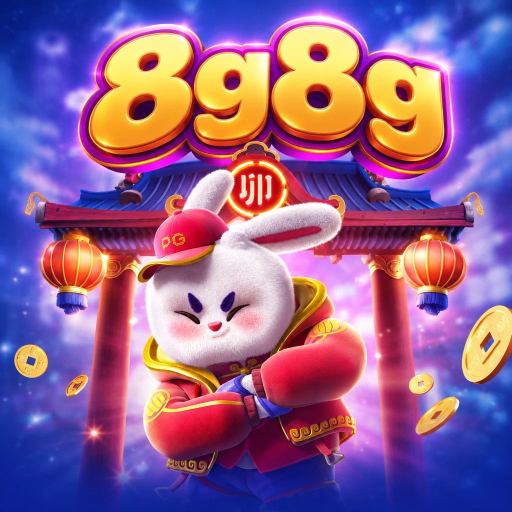 8g8g karakter kelinci putih bertopi merah dan jaket oriental di depan gerbang kuil dalam Fortune Rabbit